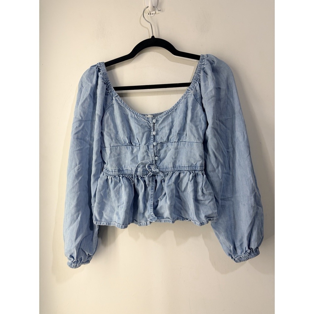 Aerie Tencel Lyocell Peplum Blouse S Blue Puff Sleeve Cottagecore Top